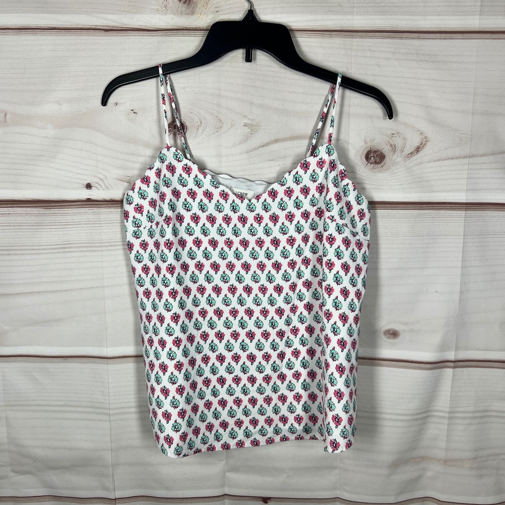 J.CREW Scalloped Cami Womens 4 White Floral Spaghetti Strap Tank Top Lined Woven